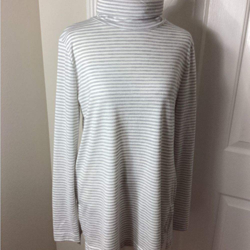 LOFT Gray and White Striped Turtleneck Sweater